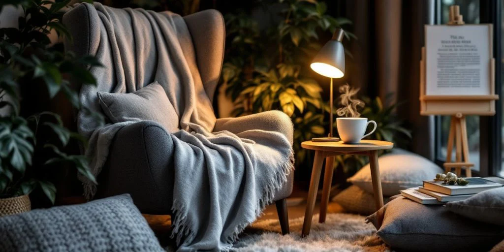 Avslapningshjørne med puter, teppe og dempet belysning